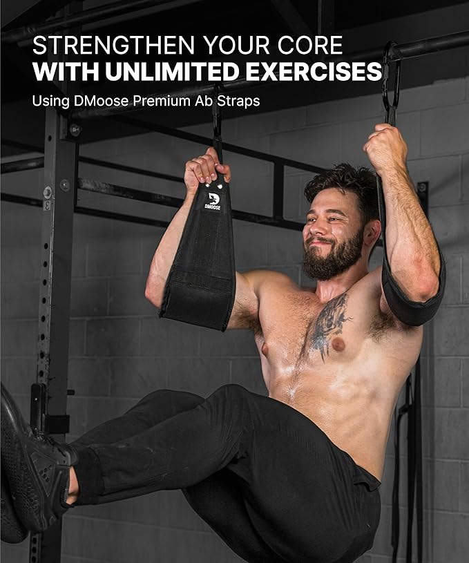 DMoose Fitness Hanging Ab Straps for Pull Up Bar & Core Strength Training - Soft Padded Exercise Straps for Ab Swing & Leg Raises, Hang Bar Strap with 2 Steel Carabiners - Abs Equipment for Home & Gym