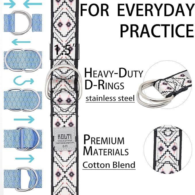 Yoga Exercise Adjustable Straps 8FT with Durable D-Ring for Pilates & Gym Workouts | Hold Poses, Stretch, Improve Flexibility & Maintain Balance