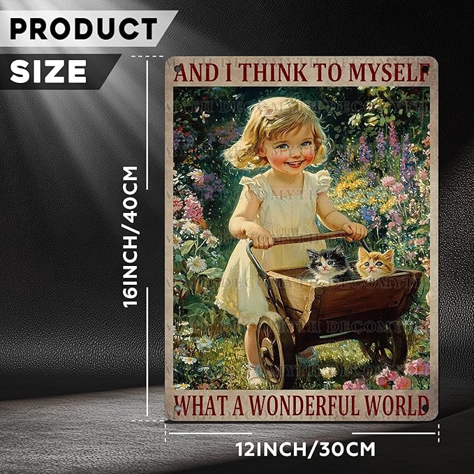 Garden Girl Metal Tin Sign Wall Art Rustic Vintage Outdoor Decor And I Think To Myself What A Wonderful World Quote 12 * 16inch