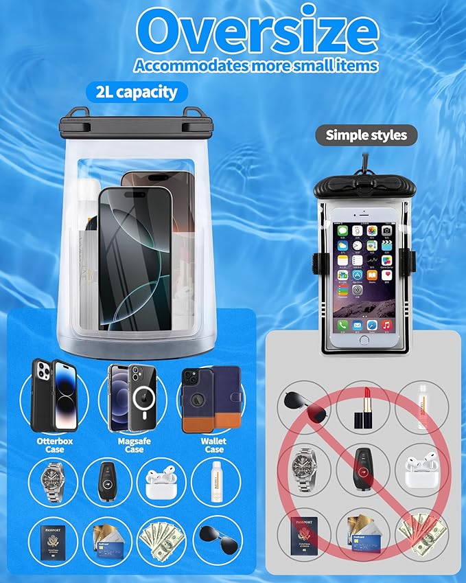 Large Waterproof Phone Pouch - [Oversized] [Floating] Waterproof Pouch for iPhone Galaxy Google and More, IPX8 Waterproof Dry Bag for Beach Vacation Belongings Black