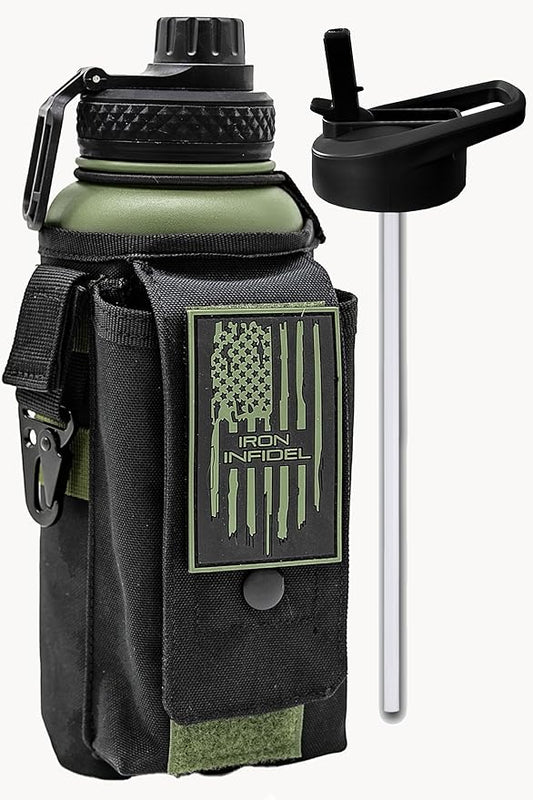 Iron Infidel Battle Bottle - 32 Oz Insulated Water Bottle with Straw Lid & Chug Cap, Stainless Steel Metal Flask Includes Rugged, Removable Sleeve for Keys, Wallet, & Phone (Widowmaker 1 Liter)