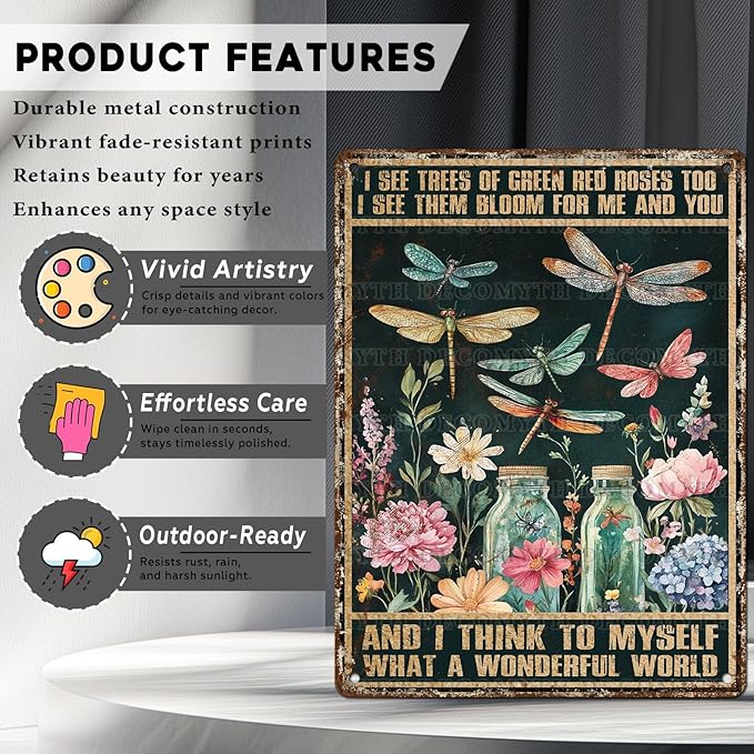 Dragonfly Decor And I Think To Myself What A Wonderful World Vintage Metal Tin Sign Decorative Plaque Poster 12 * 16inch
