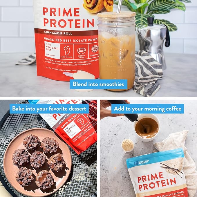 Equip Foods Prime Protein Powder | Clean, Grass Fed Beef Protein Powder for Women & Men | Carnivore Protein Isolate | Paleo, Keto Friendly | Gluten, Dairy Free | 30 Servings, Cinnamon Roll