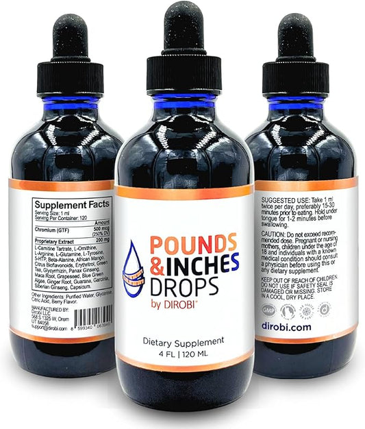 Dirobi Pounds and Inches Weight Management Drops, Liquid Supplement for Women and Men, Diet-Pill Alternative with Delicious Blueberry Flavor