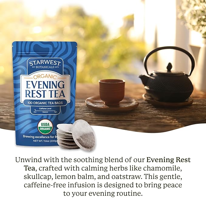Starwest Botanicals Organic Evening Rest Tea - Caffeine Free Herbal Tea Blend for Sleep, Contains Chamomile & Lemon Balm, String Free Sachets, USDA Organic, Non GMO - Bulk Pack, 100 Tea Bags