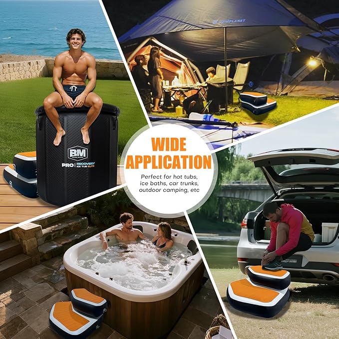 Inflatable Hot Tub Steps with EVA Non-Slip Surface, Drop Stitch Detachable 2-Piece Spa Stairs for Jacuzzi and Bathtub, Portable Durable Steps for Indoor and Outdoor Hot Tub, 37" × 32" × 15.7"