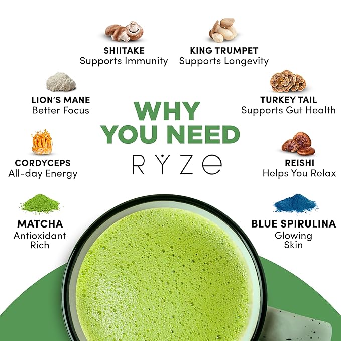 RYZE SUPERFOODS Mushroom Matcha Starter Kit, USDA Organic with 6 Adaptogenic Mushrooms and Ceremonial-Grade Matcha, Energy, Focus, Digestion, Immunity with Turkey Tail, Shiitake, Reishi, 60 servings
