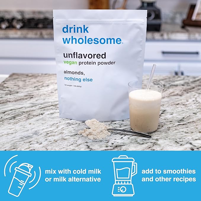 drink wholesome Vegan Unflavored Almond Protein Powder | for Sensitive Stomachs | Additive & Dairy Free | No Artificial Sweeteners | No Bloating, Farts or Gas | No Constipation or Diarrhea