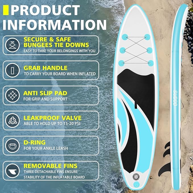 Inflatable Stand Up Paddle Board 10‘x30‘‘- Ultra-Light SUP with Backpack, Pump, Paddle, Coil Leash, 3 Fins, Repair Kit, Stable Design, Non-Slip EVA Deck for Adults & Youth