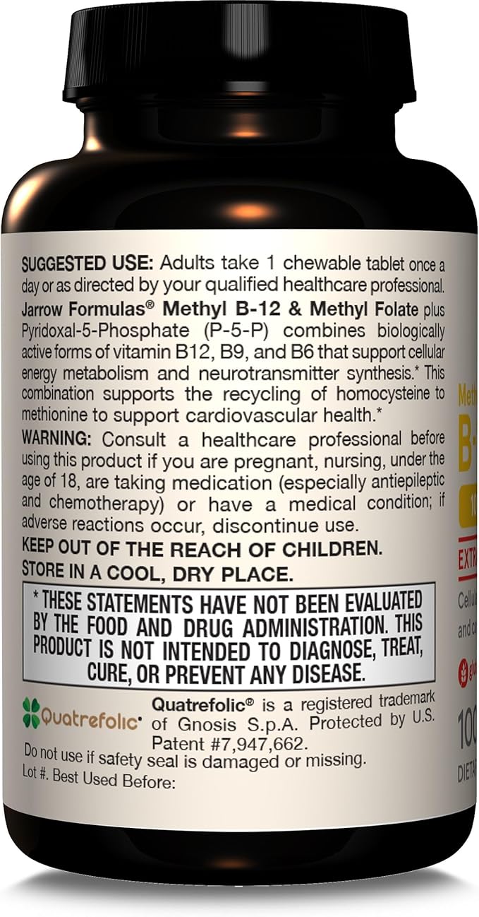 Jarrow Formulas Ultra Strength Methyl B-12 5000 mcg & Methyl Folate 800 mcg + P-5-P, Supplement for Cellular Energy Metabolism and Cardiovascular Support, 60 Chewable Tablets, 60 Day Supply, 12 Packs