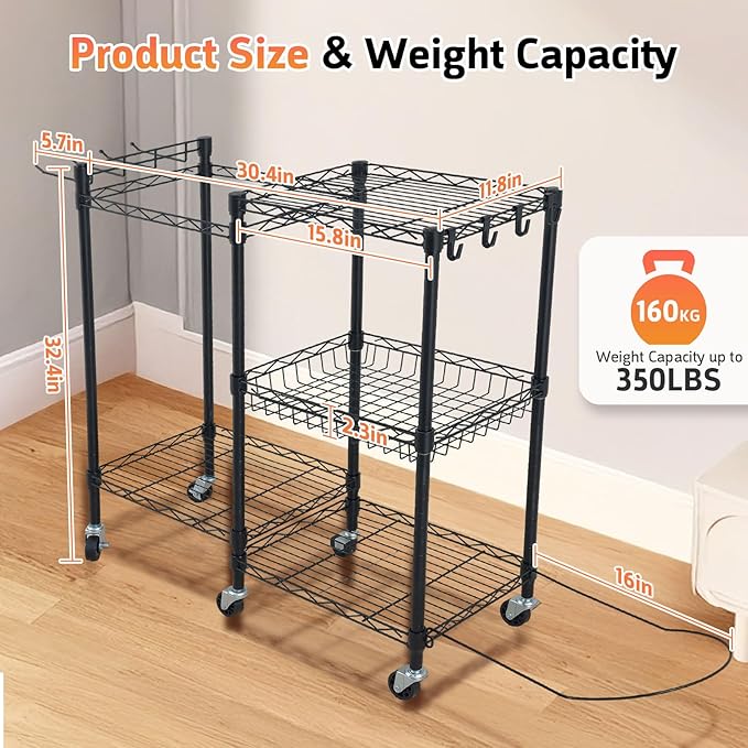 Dumbbell Rack, 3 Tier Adjustable Workout Equipment Storage with Locking Wheels & 4 Hooks, Home Gym Storage for Yoga Mat, Foam Roller, Dumbbell, Kettlebell, Fitness Ball and Resistance Band