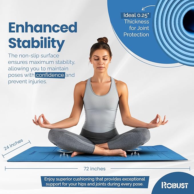 Robust Non-Slip Yoga Mat with Strap, 1/4" Thick TPE Eco-Friendly Workout Mat for Yoga with Position Lines and Texture Surface, Gym Mat for Women, Men, Pilates and Exercises Anti-Tear Sweat-Proof Exercise Mat