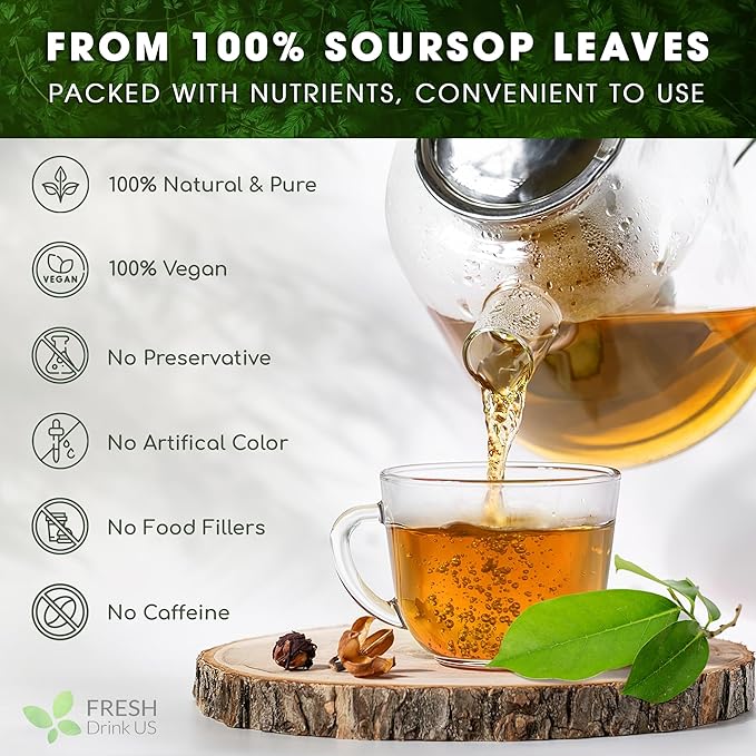 FreshDrinkUS, 60 Premium - The Top Soursop Graviola Leaf Tea Bags, 100% Pure & Natural from Soursop Leaves, Handmade, Made With Natural Materials-Corn Fiber Tea Bag, Sugar/Caffeine/Gluten Free, Hoja Guanabana Tea