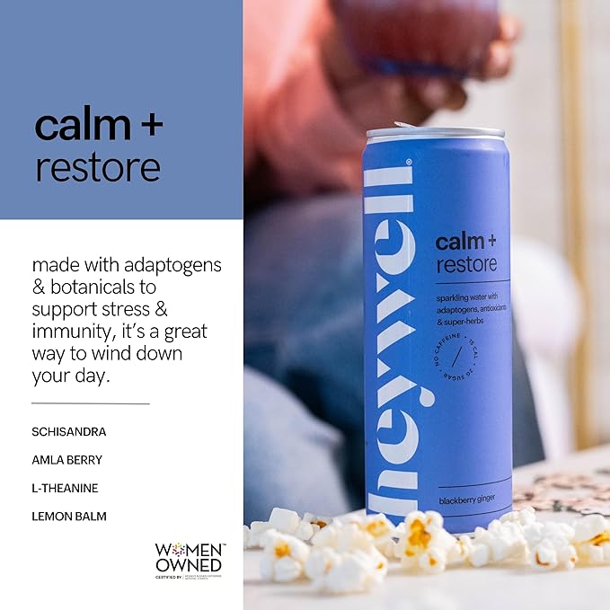 Heywell Sparkling Adaptogenic Water Calm and Restore, Blackberry Ginger Flavor 12 Fluid Ounce (Pack of 12) - Non Caffeinated, Organic, Non GMO, Vegan, Gluten Free, Dairy Free