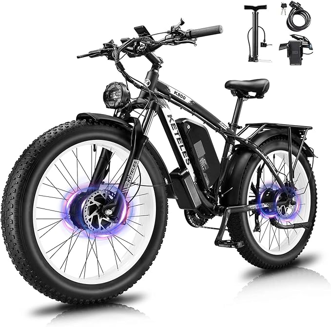 Electric Bike for Adults, AWD Ebike Dual Motor, 26'' Fat Tire Peak 4000W Ebikes with 48V 23AH Battery Hydraulic Brake Electric Bicycle, 21 Speed Dirt Bikes UL Certified