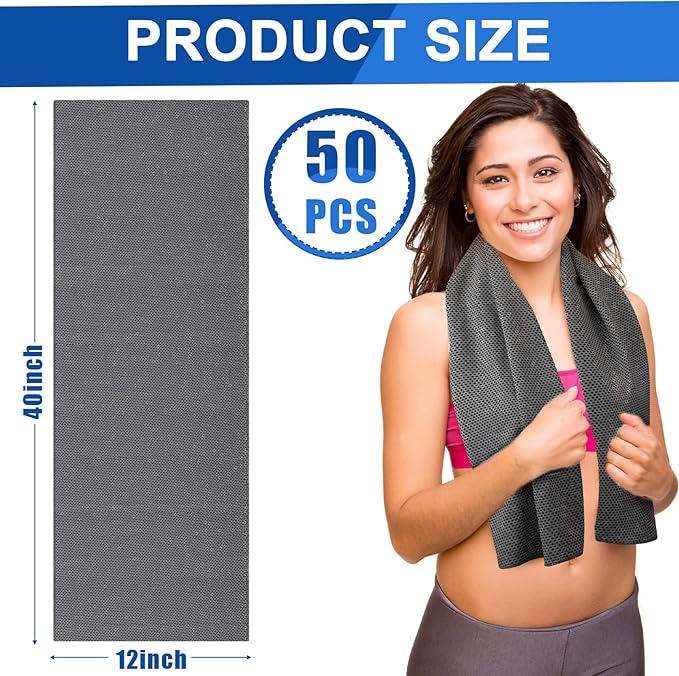 Shellwei 50 Pcs Cooling Towel 40 x 12 Inch Microfiber Workout Towels Breathable Chilly Towel Ice Cool Cold Towels Bulk Fast Drying Absorbent Sweat Rag for Neck Yoga Sports Golf Gym