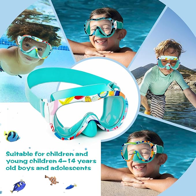 Kids Swim Goggles with Nose Cover, 180° Panoramic Snorkel Mask with Anti-Fog & Anti-Leak Design, Comfort Fabric Strap UV Protection Lens for Boys Girls Ages 3-15