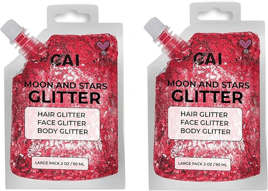 Hair Glitter Gel – Body Glitter for Kids and Women – Iridescent Holograph Cosmetic-Grade Gel w/Moon & Stars for Hair, Body & Face, Applies Smoothly w/o Glue & Washes Off Easily, 3 Oz - Red 2Pack