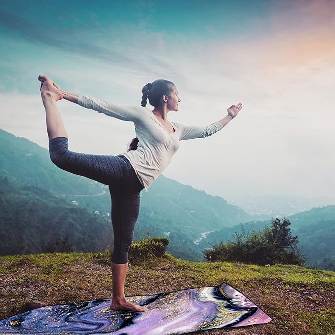 QiyI Yoga Mat Towel with Corner Pockets, Non Slip Sweat Absorbent Hot Yoga Towels, Soft Yoga Blankets with Travel Bag, Skidless Mat Cover for Workout, Gym, Fitness - 70"x26", Purple Gold Marble