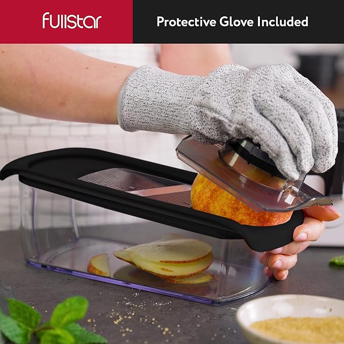 Fullstar Mandoline Slicer for Kitchen, Fruit Cutter, Cheese Grater, Cucumber Slicer, Veggie Spiralizer, Food Cutter & Kitchen Gadgets with Safety Glove (6 in 1, Black)