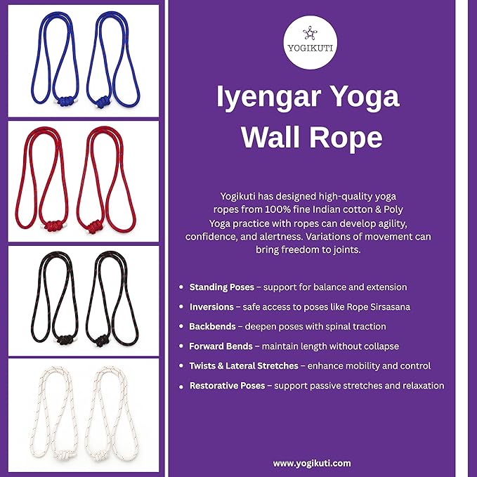 Yogikuti Iyengar Yoga Wall Rope Pair Premium Quality Cotton & Polyester Ropes for Restorative & Anti-Gravity Poses
