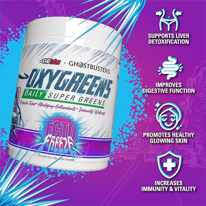 EHP Labs x Ghostbusters OxyGreens Super Greens Powder - Spirulina & Chlorella Superfood, Green Juice Powder with Prebiotic Fibre, Antioxidants & Immunity Support, 30 Serves (Ecto Freeze)