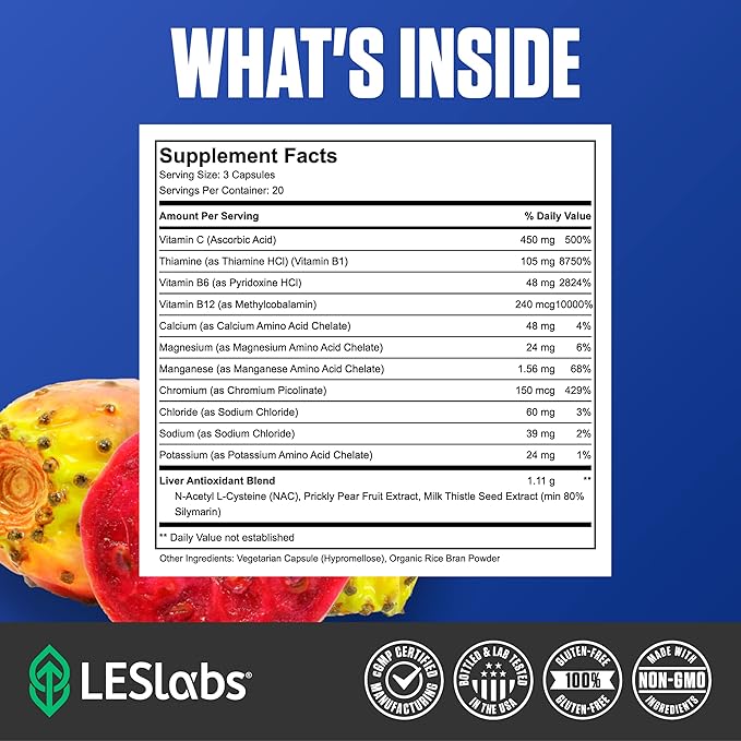 LES Labs DeToxx – Better Mornings & Recovery, Liver Support, Electrolyte Replenishment & Glutathione Support – Prickly Pear, Milk Thistle & NAC – Non-GMO Supplement – 60 Capsules