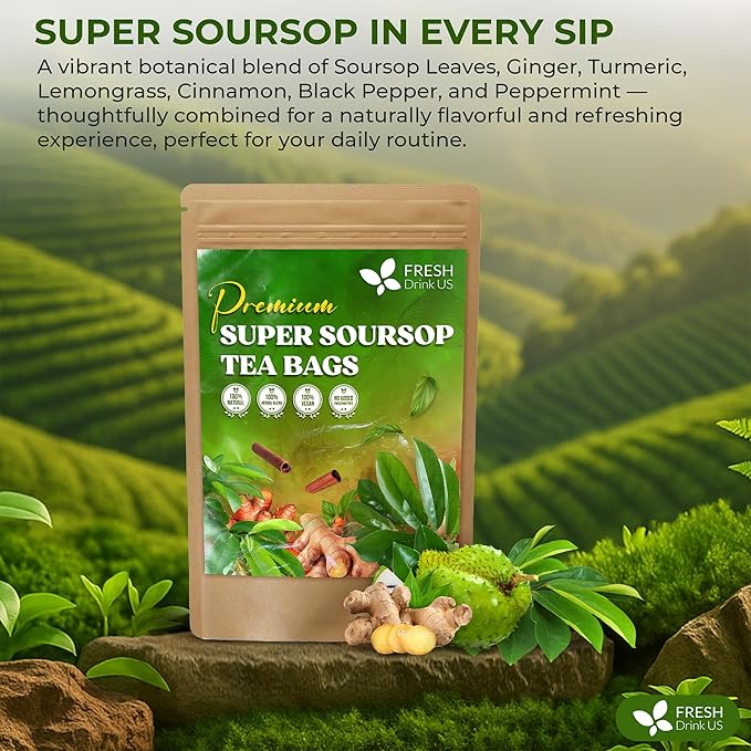 FreshDrinkUS, Super Soursop Herbal Tea – 40 Tea Bags | Soursop, Ginger, Turmeric, Lemongrass, Cinnamon, Black Pepper & Peppermint | Caffeine-Free, Natural Flavor, Plant-Based Blend | Sugar-Free
