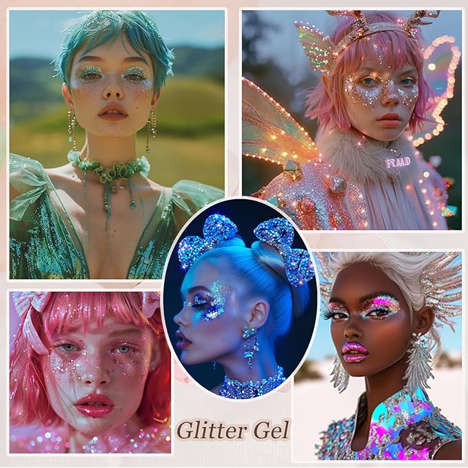 Face Body Glitter, Hair Glitter Sparkles Chunky Face Glitter Gel for Girls Makeup Singer Concerts Mermaid Festival Sequins Face Paint (White+Silver+Pink+Blue+Purple)