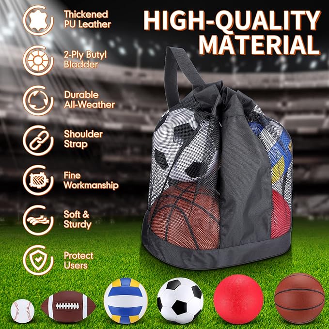 Libima 6 Pcs Multi Sport Ball Set Official Size Football, Basketball, Soccer, Volleyball, Playground Ball, Baseball with Sports Equipment Bag Pump for Teen Adult Christmas School Gift