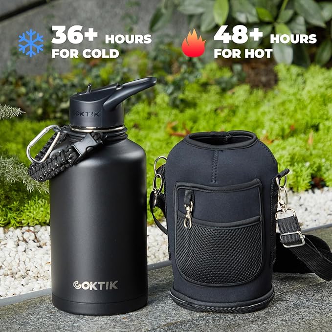 Half Gallon Insulated Water Bottle, 64 oz Triple Wall Stainless Steel Flask, Keeps Drinks Cold for 48 Hrs Leak-Proof & BPA-Free Half Gallon Jug with Paracord Handle, Straw & Spout Lids(2 pack,Black)