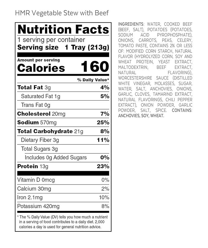 HMR Vegetable Stew with Beef Entrée | Pre-packaged Lunch or Dinner to Support Weight Loss | Ready to Eat | 13g of Protein | Low Calorie Food | 8oz Serving per Meal | Pack of 6