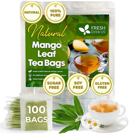 FreshDrinkUS, Premium 100 Mango Leaf Tea Bags, 100% Natural& Pure from Mango Leaves. Loose Leaf Mango Herbal Tea. Mango Leaf Tea. No Sugar, No Caffeine, No Gluten, Vegan.