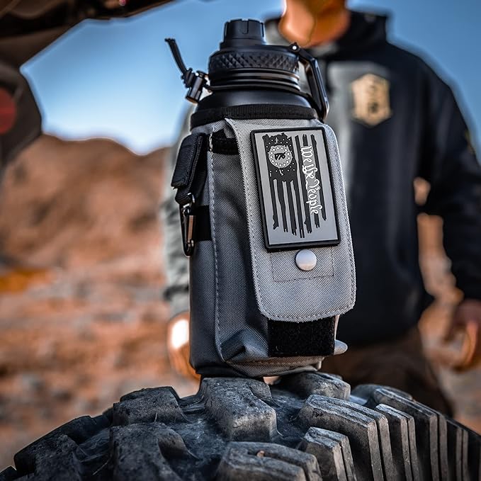 Iron Infidel Battle Bottle - 32 Oz Insulated Water Bottle with Straw Lid & Chug Cap, Stainless Steel Metal Tactical Flask with Rugged, Removable Sleeve for Keys & Phone or Wallet (Betsy Ross 1 Liter)