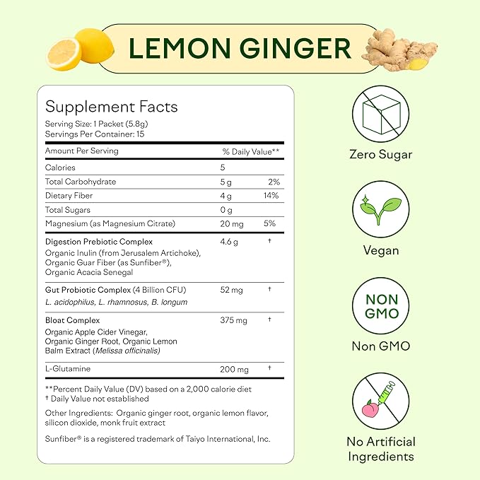 Feel Goods Gut Guardian, Organic Fiber, Probiotic & Prebiotic Powder, Sugar Free, Herbs for Bloat, Gut Health Support, Digestive Health for Men & Women, Non GMO, Vegan, Lemon Ginger, 15 Count