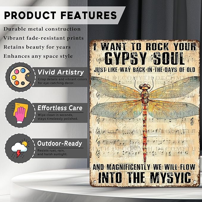Dragonfly Decor I Want to Rock Your Soul Into The Mystic Vintage Metal Tin Sign for Home Cafe Bedroom Library Bookshelf Wall Decor 12 * 16inch