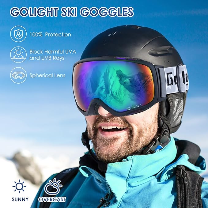 GoLight OTG Anti-Fog Ski Goggles for Men Women ??Spherical REVO Lens, UV400, Breathable TPU Frame, Adjustable Non-Slip Strap