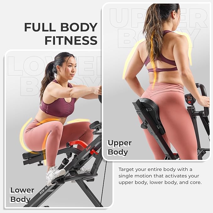 Sunny Health & Fitness Row-N-Ride PRO, Full Body Combo Squat Machine w/Optional Resistance Band, Easy Setup Ab Workout Exercise Equipment for Home, Whole Body Cardio, Optional SunnyFit App Connection