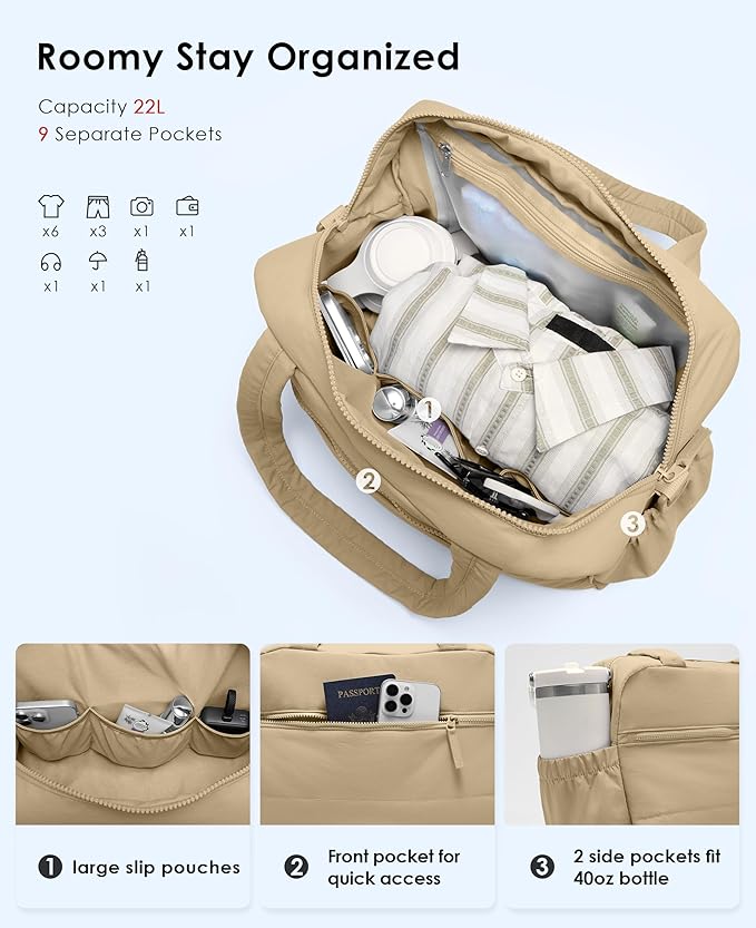 Gym Bag for Women, Travel Duffle Bags with Wet Pocket, Lightweight Carry on Bag Overnight Weekender Duffel Bag, Water Resistant (Camel)