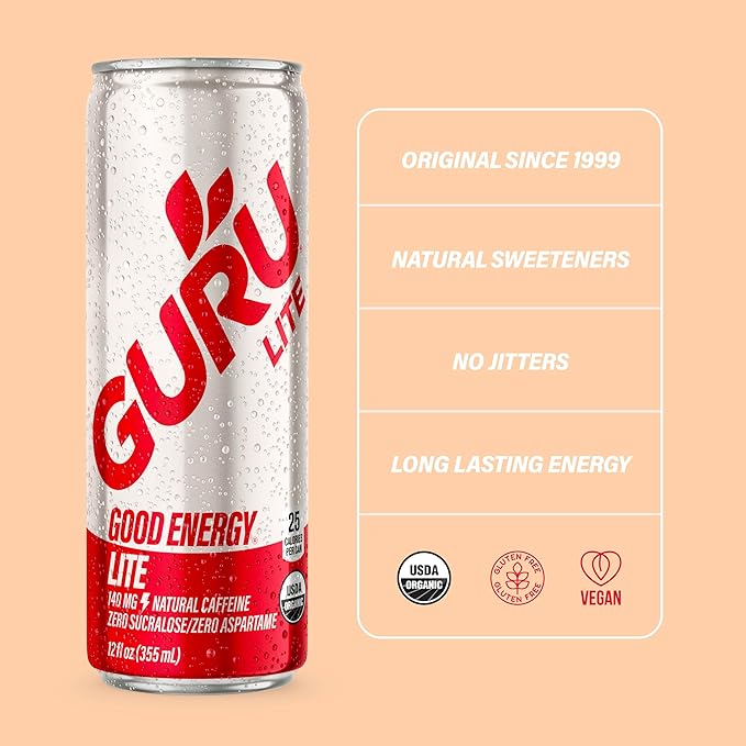 GURU Lite Organic Energy Drinks, Clean Energy Drink with Plant Based Natural Caffeine from Green Tea, Low Calorie, Gluten Free and Vegan, 140MG Caffeine, Healthy Drinks, 12oz (Pack of 12)
