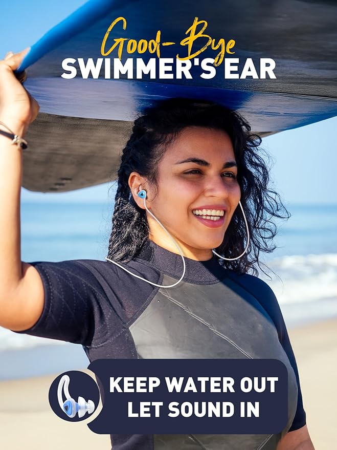 Ear Plugs for Swimming Surfing with Lanyard, Block Out Water Let Sound in, Reusable Comfy Custom-fit Swim Waterproof earplugs Men Women for Swimmer Shower Pool Bath Water Sports
