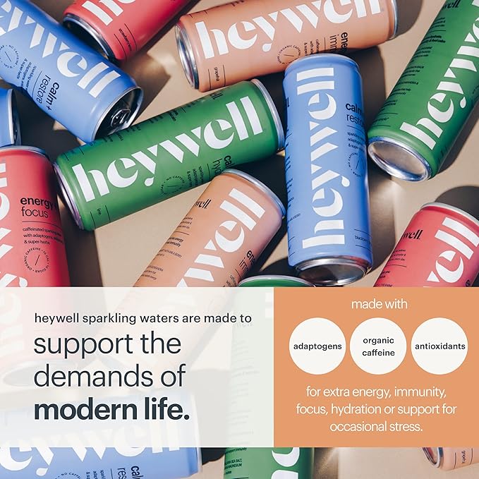 Heywell Sparkling Adaptogenic Water, Energy and Immunity, Grapefruit Flavor, 12 Fluid Ounce (Pack of 12) - Caffeinated, Organic, Non GMO, Vegan, Gluten Free, Dairy Free