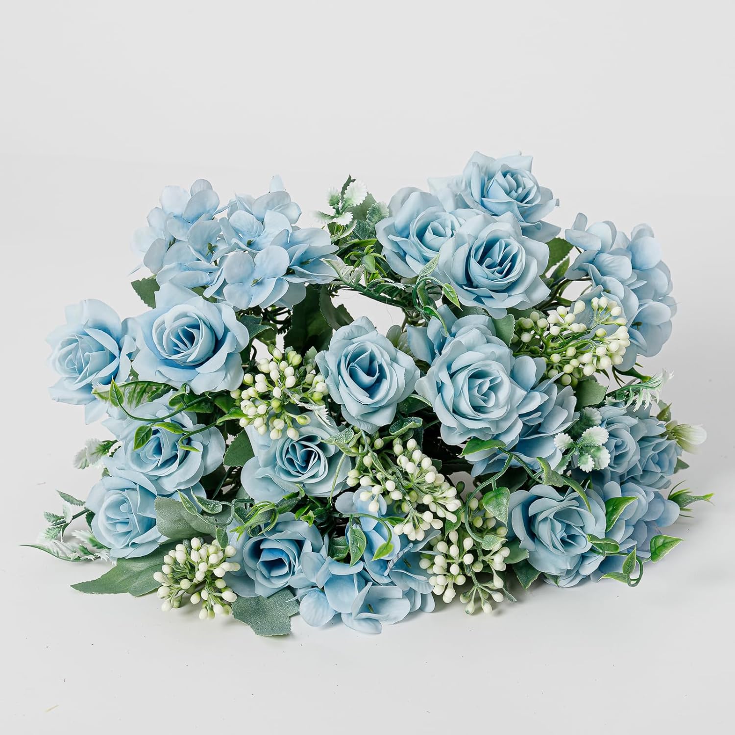 Artificial Flower 5 Branches Artificial Silk Fake Flowers Bouquet Small Roses for Wedding Home Office Tables Decor 2 Packs(Light Blue)