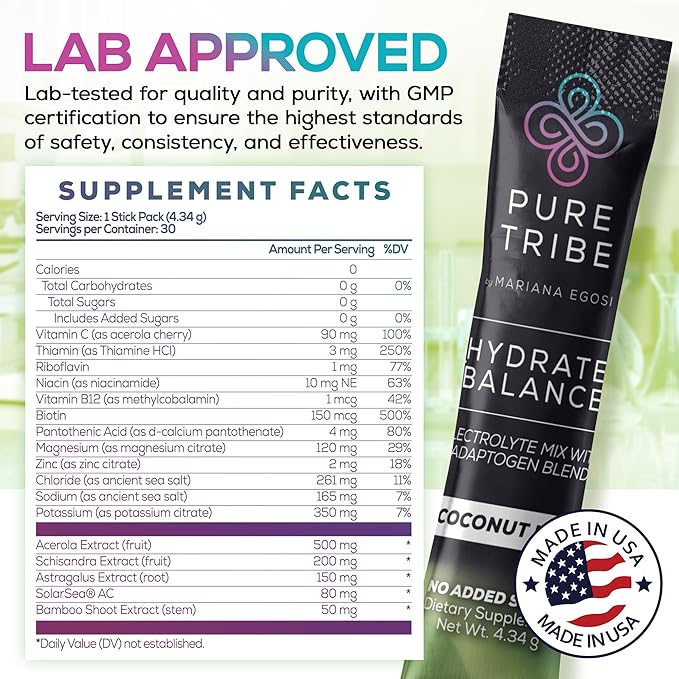 Electrolytes Powder Packets - Sugar Free Hydration Powder Drink Mix Loaded with 6 B Vitamins & Minerals - Energy Drink for Muscle and Mood Support - Coconut Lime Flavor Adrenal Cocktail - 30 Servings