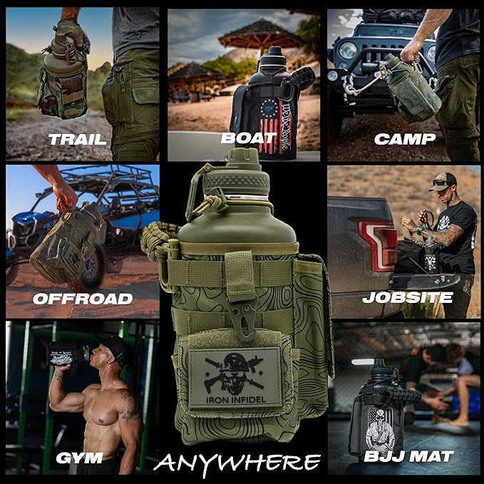 Iron Infidel Battle Bottle - Half Gallon Insulated Stainless Steel Water Jug with Handle - Gym Bottle for Men with Rugged Sleeve (Overland 2 Liter)