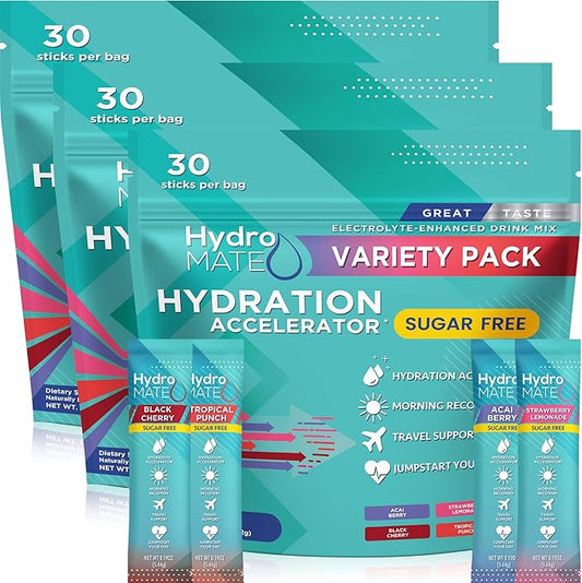 Electrolyte Powder Sugar-Free Hydration Packets Variety Pack HydroMATE 90 Sticks