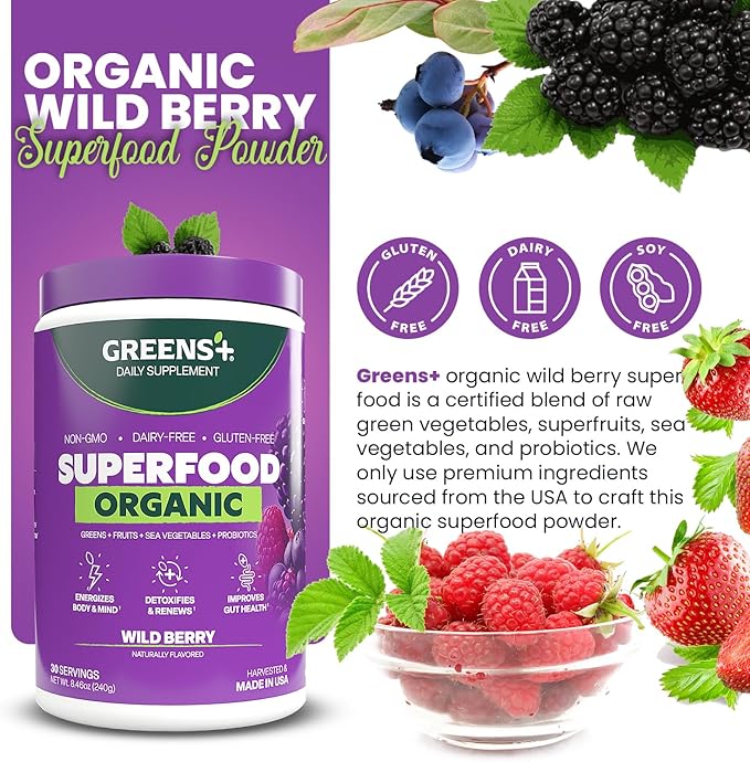 Greens+ Organic Wild Berry Superfood Powder, Antioxidant Polyphenol, Blend for Morning Kick, Energy, Vitality Boost, Nutrition, Vibrant Health, Dietary Supplement, Vegan Soy/Dairy/Gluten Free(8.46oz)