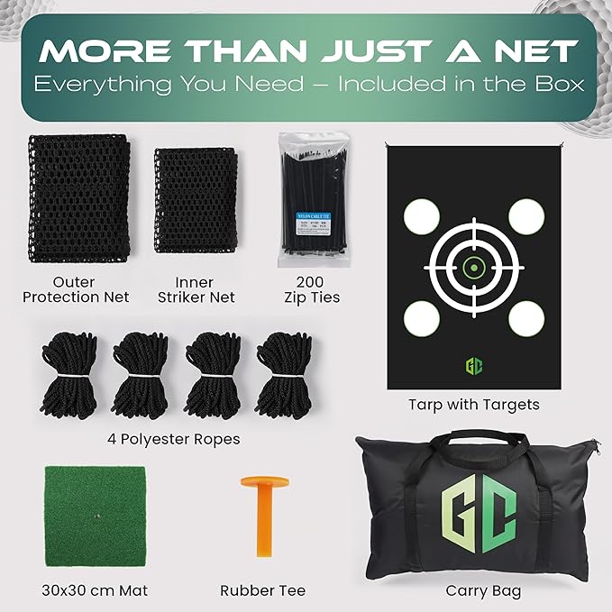 GrdnCare Golf Hitting Net 10x10x10ft – Golf Practice Net with Silent Target Tarp, Mat & Tee with Carry Bag (No Metal Frame) – Indoor Practice for Backyard or Garage & Outdoors