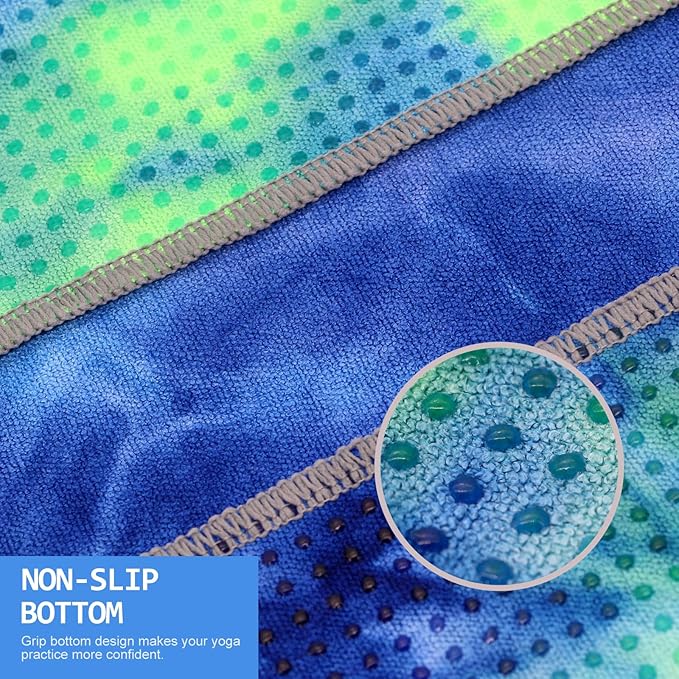 Eunzel Yoga Towel,Hot Yoga Mat Towel with Grip Dots Sweat Absorbent Non-Slip for Hot Yoga, Pilates and Workout 24" x72", Green & Blue