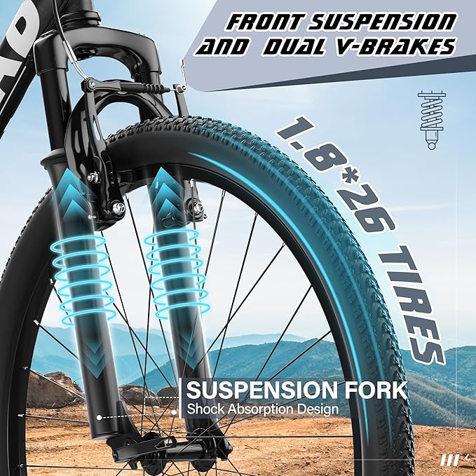 Betterland 26 Inch Mountain Bike, 7/21Speed Adult Bicycle with Dual V Brakes,Front Suspension, High Carbon Steel Frame, with Adjustable Ergonomic Seat Bicycle
